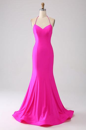 Fuchsia Mermaid Halter Neck Backless Long Formal Dress