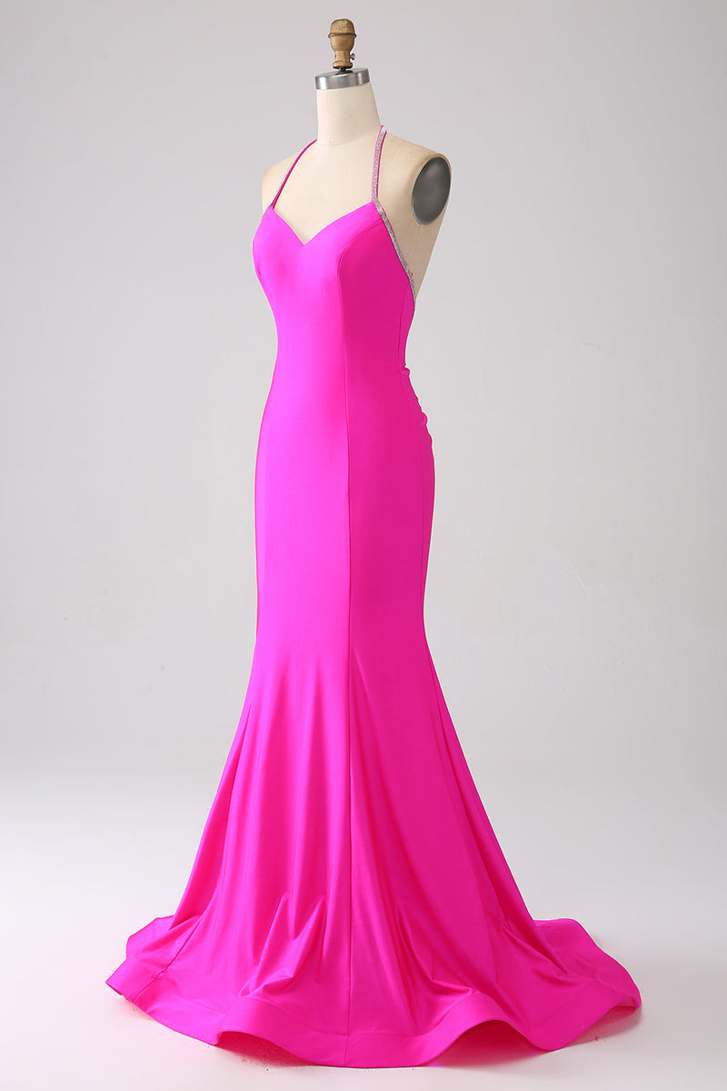 Load image into Gallery viewer, Fuchsia Mermaid Halter Neck Backless Long Formal Dress