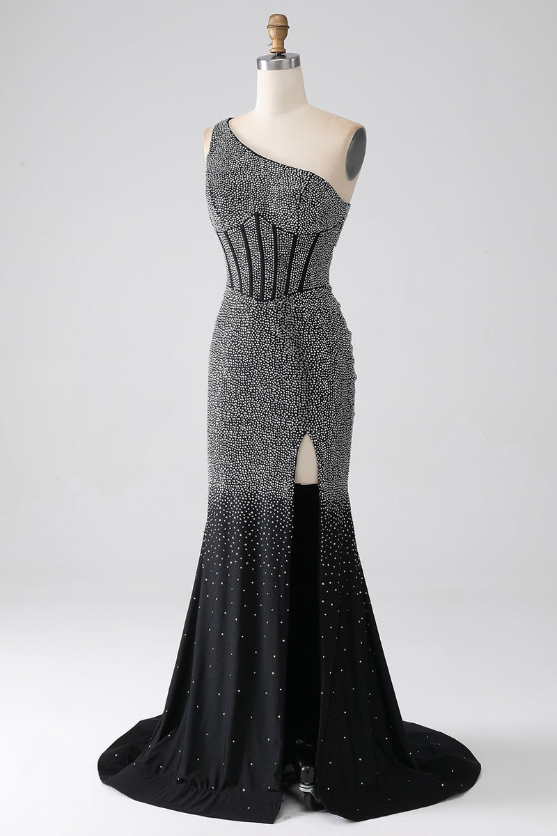 Load image into Gallery viewer, Sparkly Black Mermaid One Shoulder Corset Formal Dress