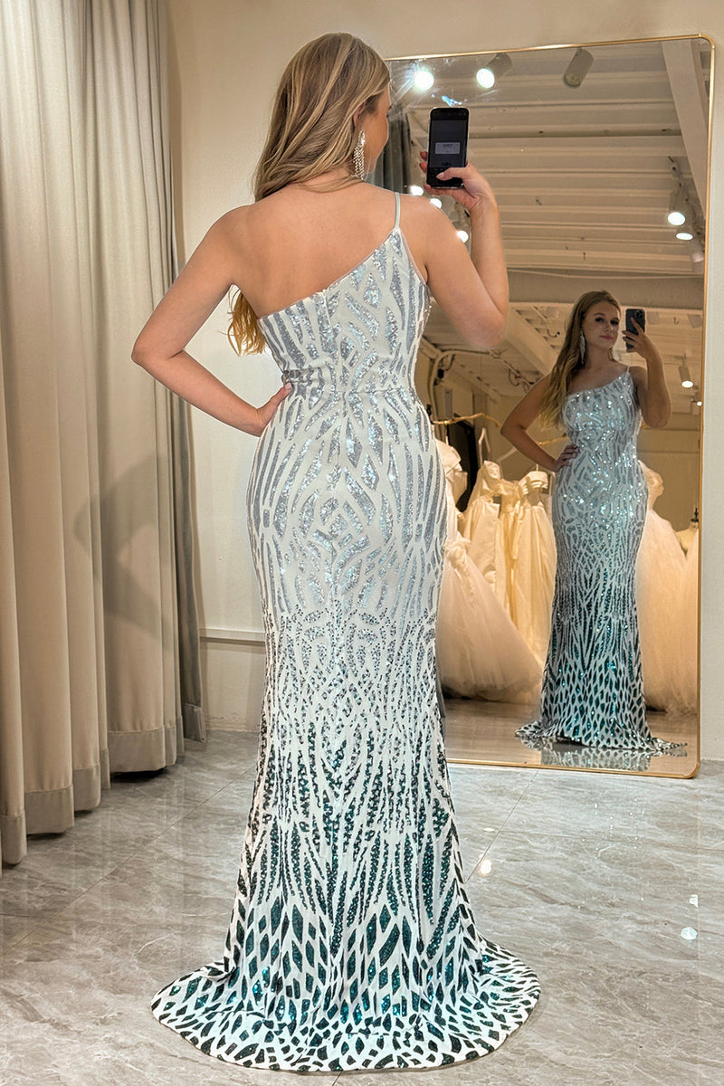 Load image into Gallery viewer, Glitter Dark Green Sequins Mermaid One Shoulder Long Formal Dress