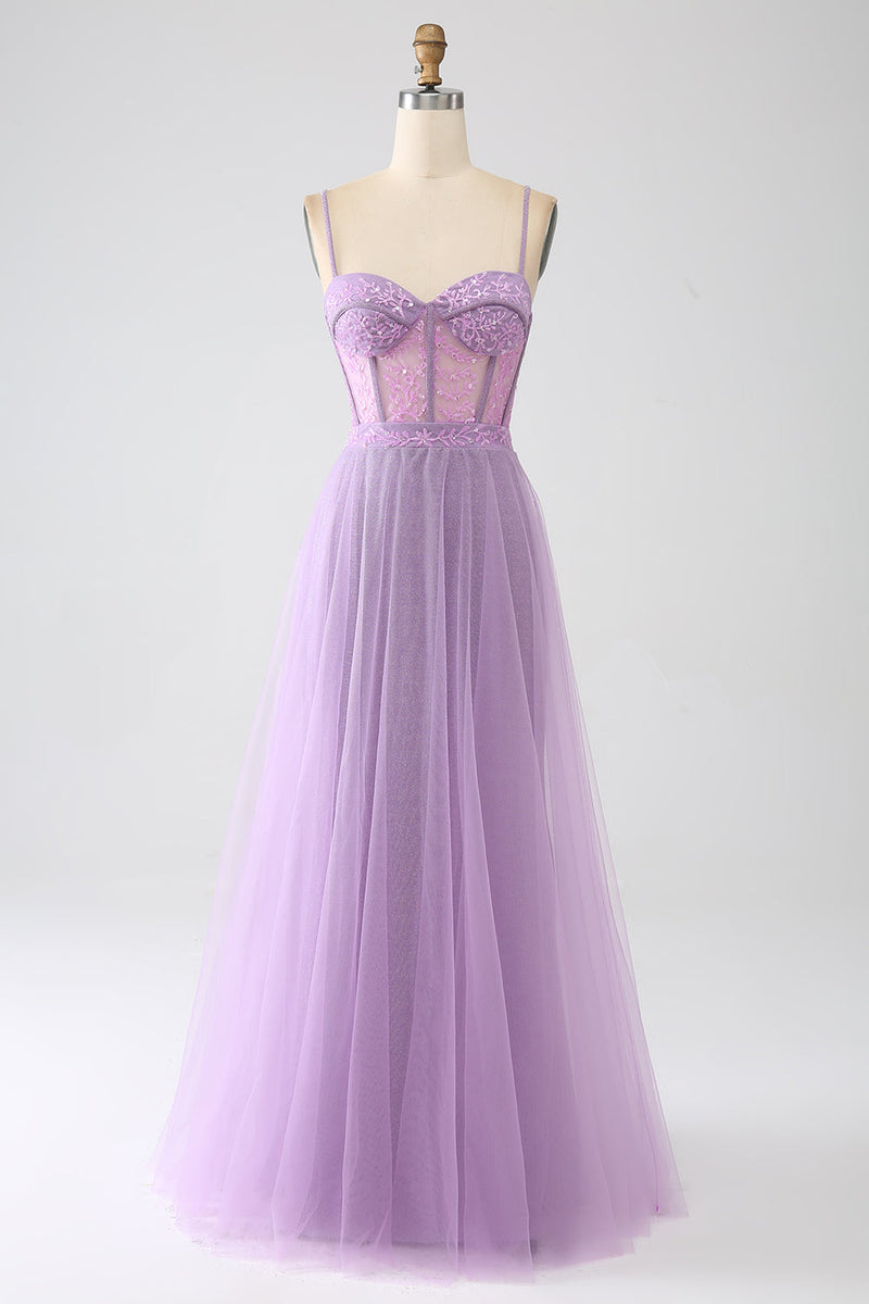 Load image into Gallery viewer, A-Line Lilac Spaghetti Straps Long Corset Formal Dress