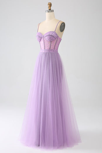 A-Line Lilac Spaghetti Straps Long Corset Formal Dress