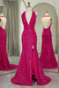 Load image into Gallery viewer, Sparkly Fuchsia Beaded Mermaid V Neck Backless Long Formal Dress With Slit