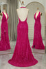 Load image into Gallery viewer, Sparkly Fuchsia Beaded Mermaid V Neck Backless Long Formal Dress With Slit