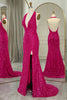 Load image into Gallery viewer, Sparkly Fuchsia Beaded Mermaid V Neck Backless Long Formal Dress With Slit