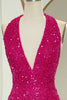 Load image into Gallery viewer, Sparkly Fuchsia Beaded Mermaid V Neck Backless Long Formal Dress With Slit