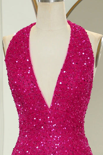 Sparkly Fuchsia Beaded Mermaid V Neck Backless Long Formal Dress With Slit