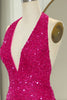 Load image into Gallery viewer, Sparkly Fuchsia Beaded Mermaid V Neck Backless Long Formal Dress With Slit