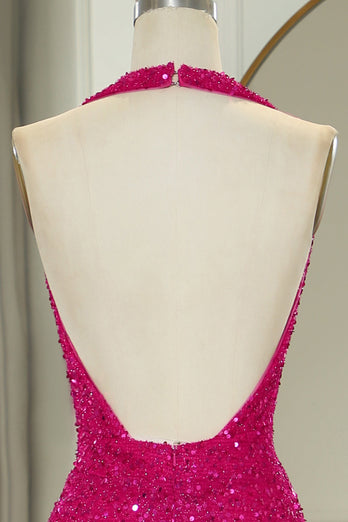 Sparkly Fuchsia Beaded Mermaid V Neck Backless Long Formal Dress With Slit