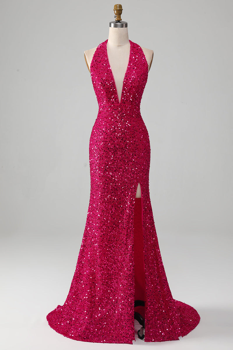 Load image into Gallery viewer, Fuchsia Mermaid Halter Sequin Formal Dress With Slit