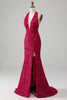 Load image into Gallery viewer, Fuchsia Mermaid Halter Sequin Formal Dress With Slit