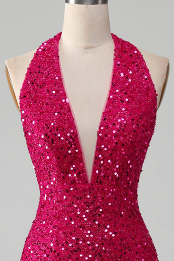 Fuchsia Mermaid Halter Sequin Formal Dress With Slit