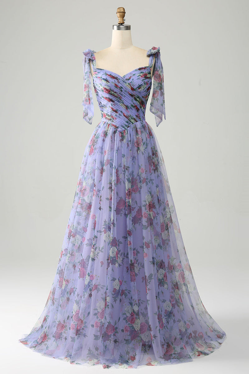 Load image into Gallery viewer, A-Line Lavender Printed Adjustable Straps Long Formal Dress