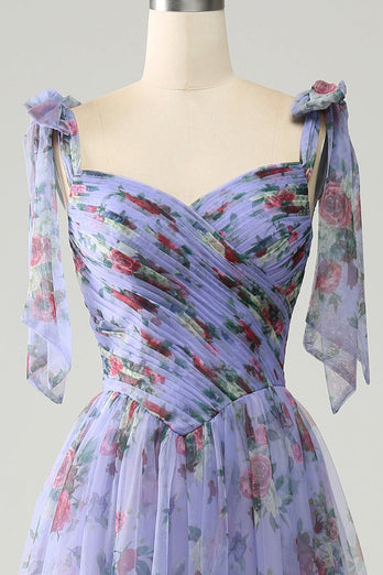 A-Line Lavender Printed Adjustable Straps Long Formal Dress