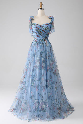 A-Line Lavender Printed Adjustable Straps Long Formal Dress