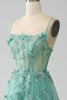 Load image into Gallery viewer, Green A-Line Spaghetti Straps Long Corset Formal Dress with Appliques