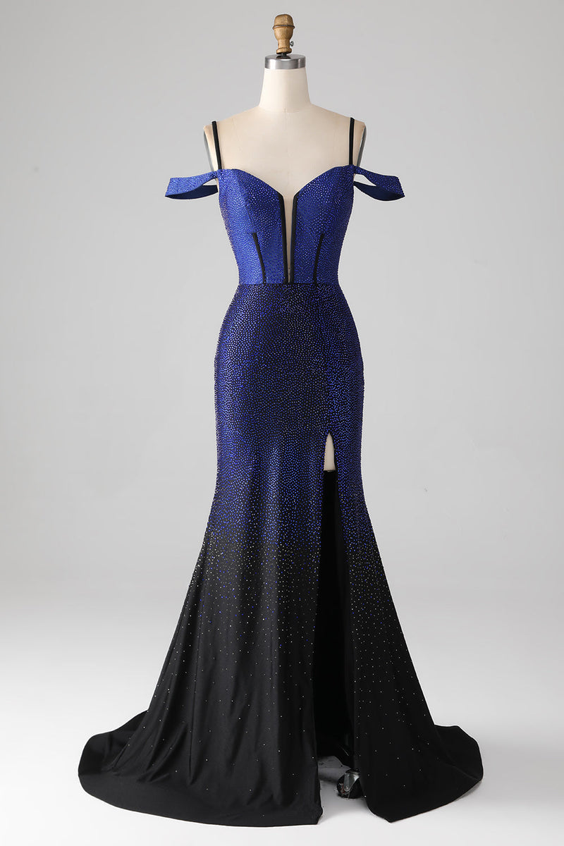 Load image into Gallery viewer, Sparkly Navy Mermaid Long Corset Formal Dress with Slit