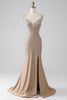 Load image into Gallery viewer, Sparkly Champagne Mermaid Spaghetti Straps Long Formal Dress with Slit