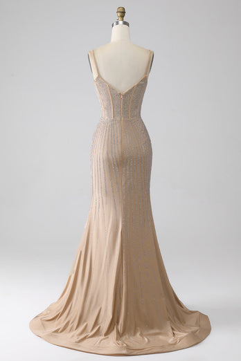 Sparkly Champagne Mermaid Spaghetti Straps Long Formal Dress with Slit