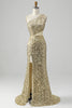 Load image into Gallery viewer, Golden One Shoulder Fringe Sequin Formal Dress With Slit