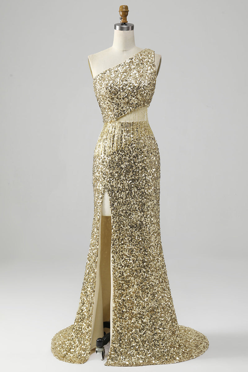 Load image into Gallery viewer, Golden One Shoulder Fringe Sequin Formal Dress With Slit