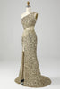 Load image into Gallery viewer, Golden One Shoulder Fringe Sequin Formal Dress With Slit