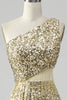 Load image into Gallery viewer, Golden One Shoulder Fringe Sequin Formal Dress With Slit