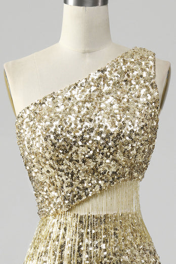 Golden One Shoulder Fringe Sequin Formal Dress With Slit