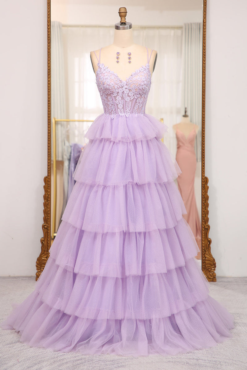 Load image into Gallery viewer, Elegant Lilac A Line Tiered Long Corset Formal Dress With Appliques