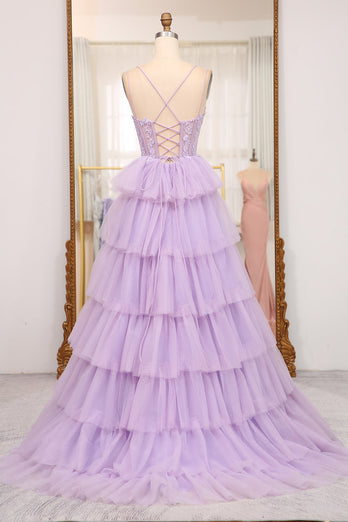 Elegant Lilac A Line Tiered Long Corset Formal Dress With Appliques