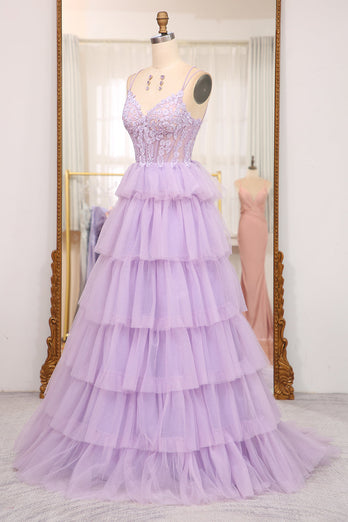 Elegant Lilac A Line Tiered Long Corset Formal Dress With Appliques