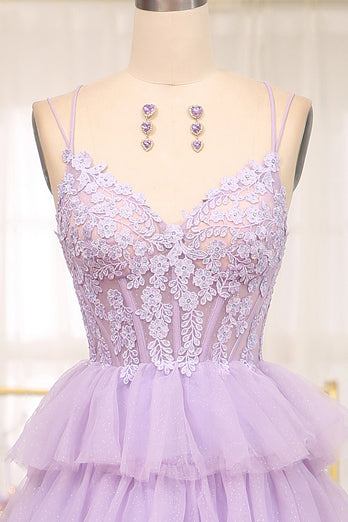 Elegant Lilac A Line Tiered Long Corset Formal Dress With Appliques