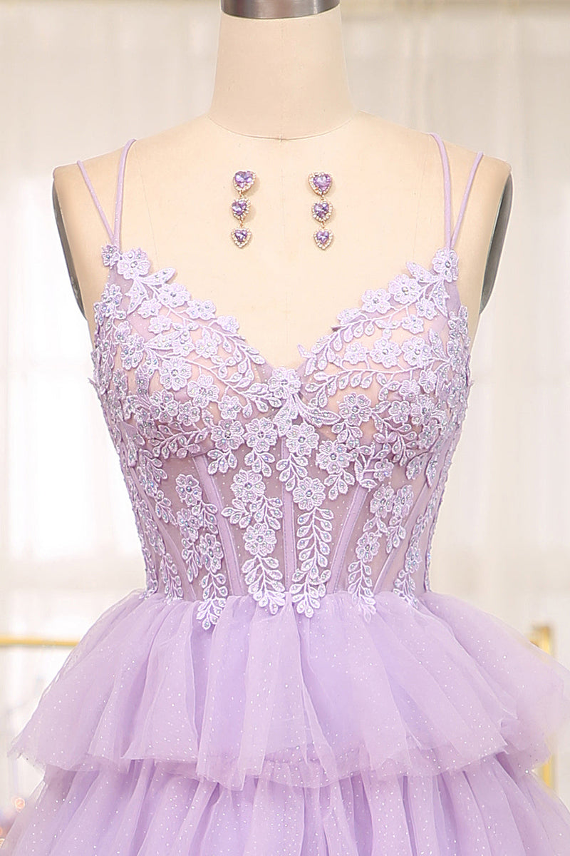 Load image into Gallery viewer, Elegant Lilac A Line Tiered Long Corset Formal Dress With Appliques