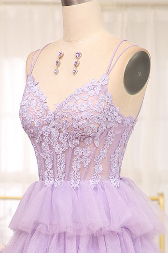 Elegant Lilac A Line Tiered Long Corset Formal Dress With Appliques