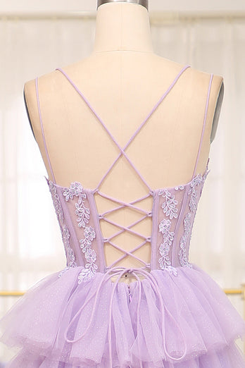 Elegant Lilac A Line Tiered Long Corset Formal Dress With Appliques