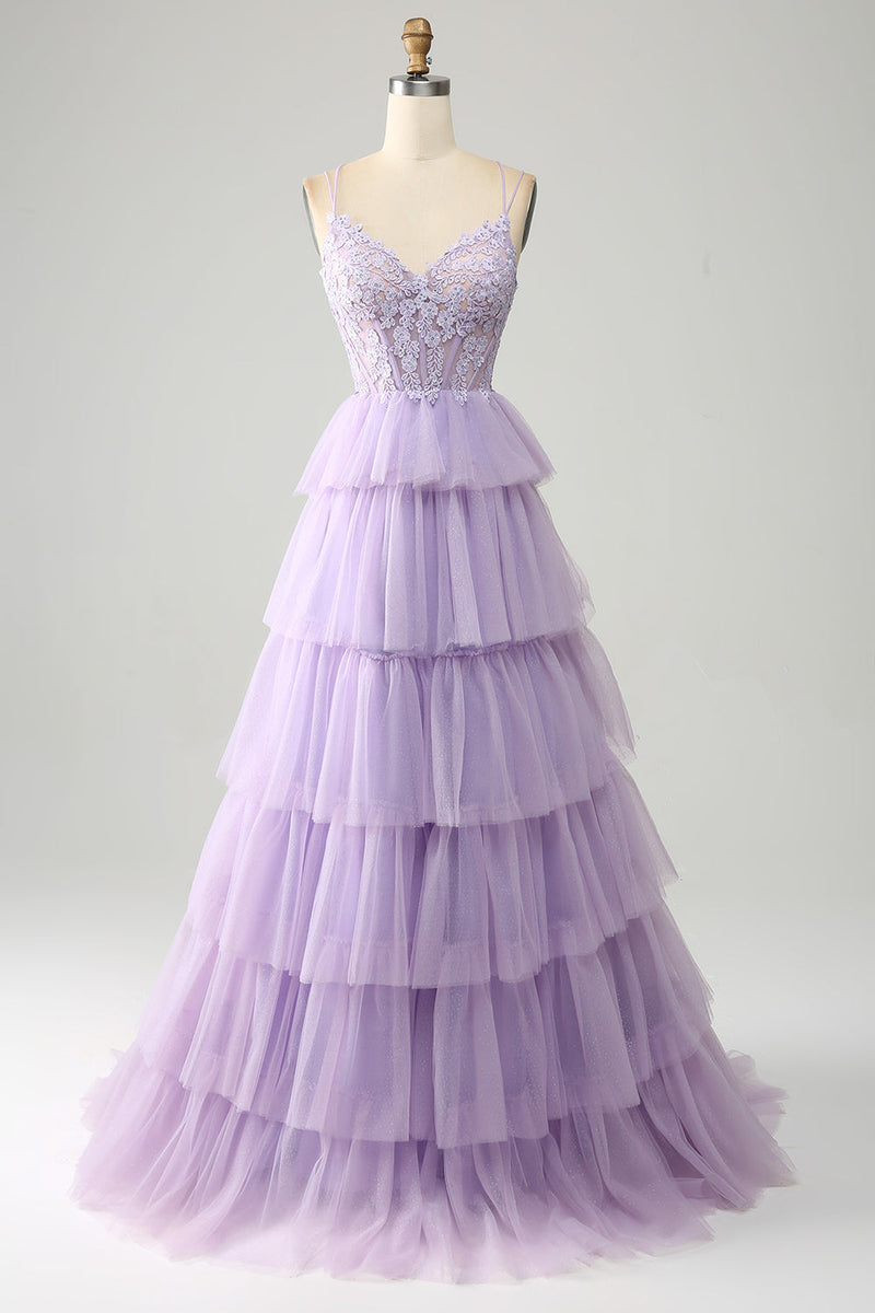 Load image into Gallery viewer, Lilac Tulle Tiered Princess Corset Formal Dress with Appliques