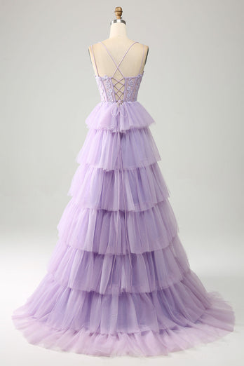 Lilac Tulle Tiered Princess Corset Formal Dress with Appliques