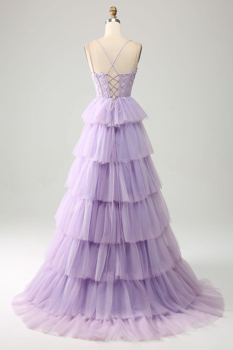 Load image into Gallery viewer, Lilac Tulle Tiered Princess Corset Formal Dress with Appliques