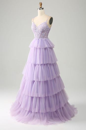 Lilac Tulle Tiered Princess Corset Formal Dress with Appliques