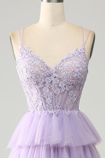 Lilac Tulle Tiered Princess Corset Formal Dress with Appliques