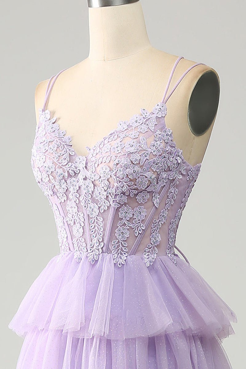 Load image into Gallery viewer, Lilac Tulle Tiered Princess Corset Formal Dress with Appliques