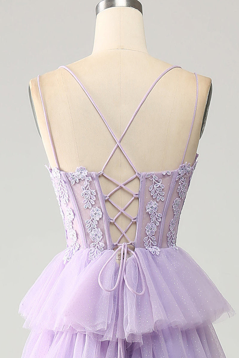 Load image into Gallery viewer, Lilac Tulle Tiered Princess Corset Formal Dress with Appliques