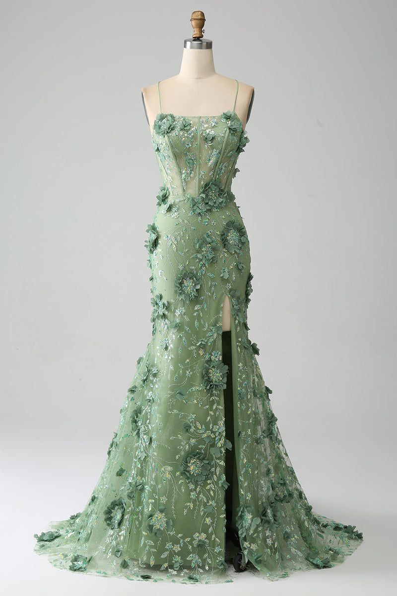 Load image into Gallery viewer, Mermaid Spaghetti Straps Green Corset Formal Dress with Appliques