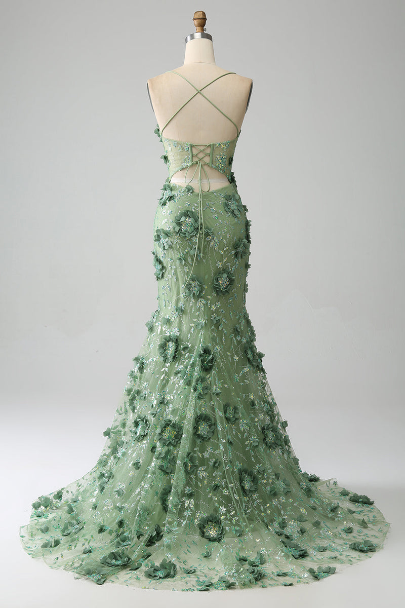 Load image into Gallery viewer, Mermaid Spaghetti Straps Green Corset Formal Dress with Appliques