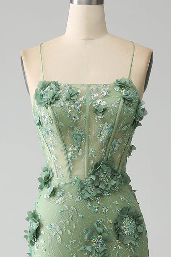 Mermaid Spaghetti Straps Green Corset Formal Dress with Appliques