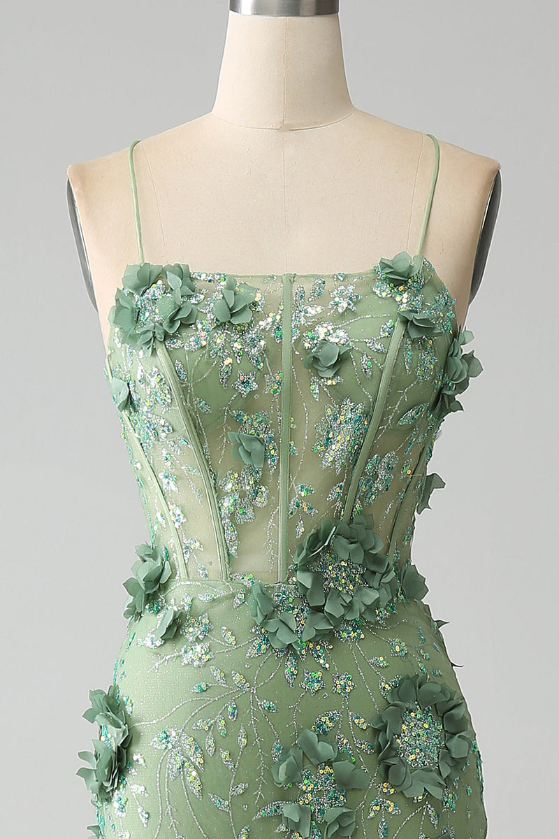 Load image into Gallery viewer, Mermaid Spaghetti Straps Green Corset Formal Dress with Appliques