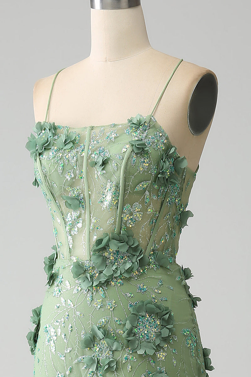 Load image into Gallery viewer, Mermaid Spaghetti Straps Green Corset Formal Dress with Appliques