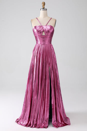 Fuchsia A-Line Spaghetti Straps Pleated Formal Dress with Slit