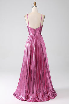 Fuchsia A-Line Spaghetti Straps Pleated Formal Dress with Slit