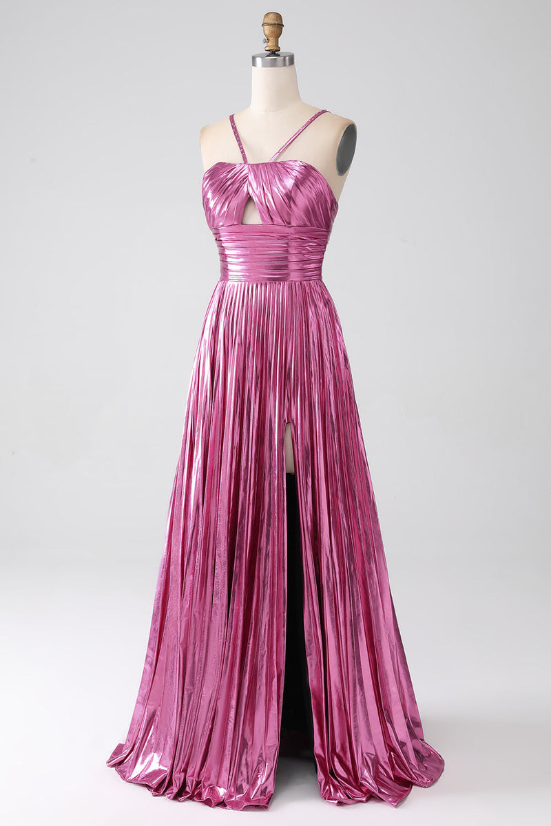 Load image into Gallery viewer, Fuchsia A-Line Spaghetti Straps Pleated Formal Dress with Slit